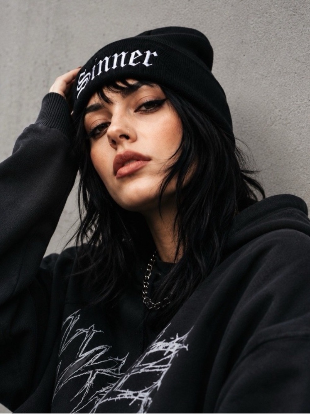 SINNER Beanie NWT Old English Embroidered Sinner Spell-out Black Unisex One Size